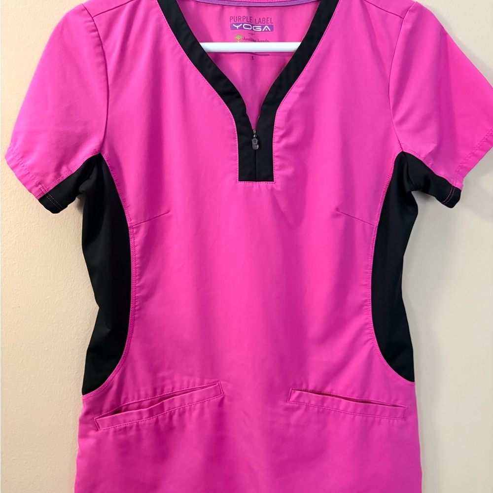 Purple label yoga Women's Pink and Black scrub Top